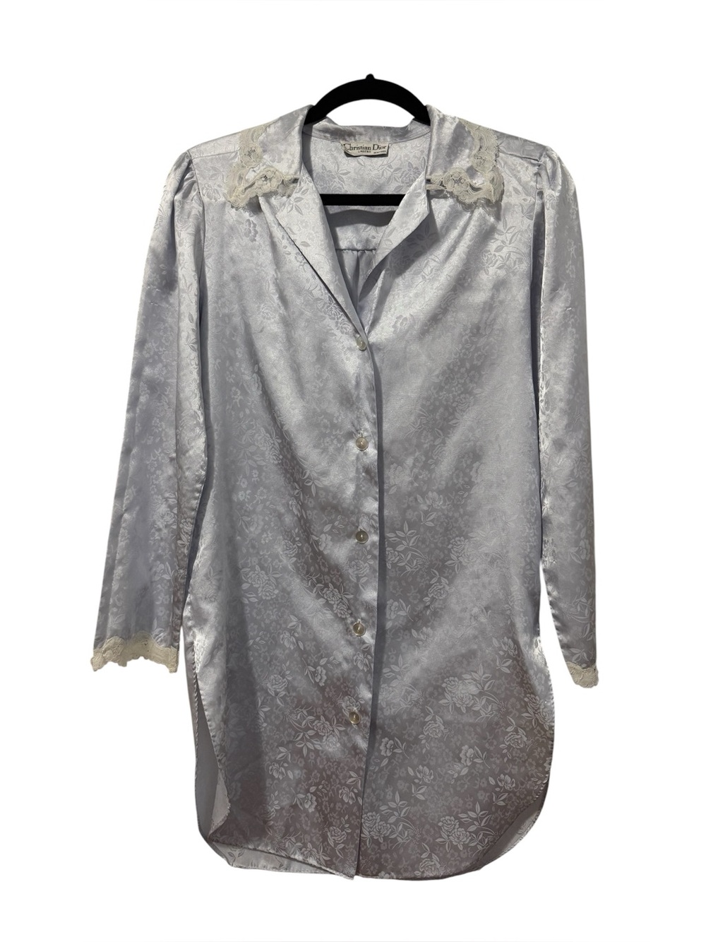 VTG Christian Dior Union Made Nightshirt Dress - Blue Floral with Lace (Size S)